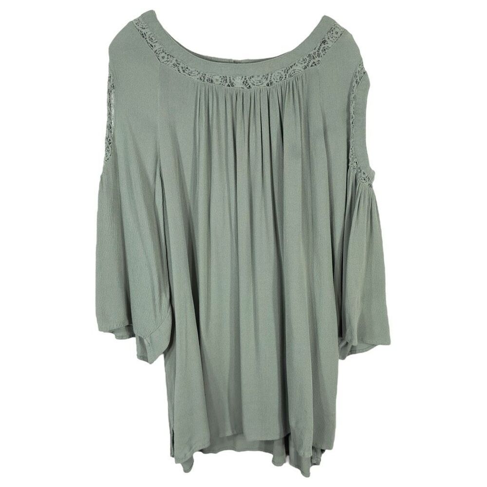 Catherines Plus Size 2X 22W 24W Top Green Cold Shoulder Crepe Crochet Lace 322‎